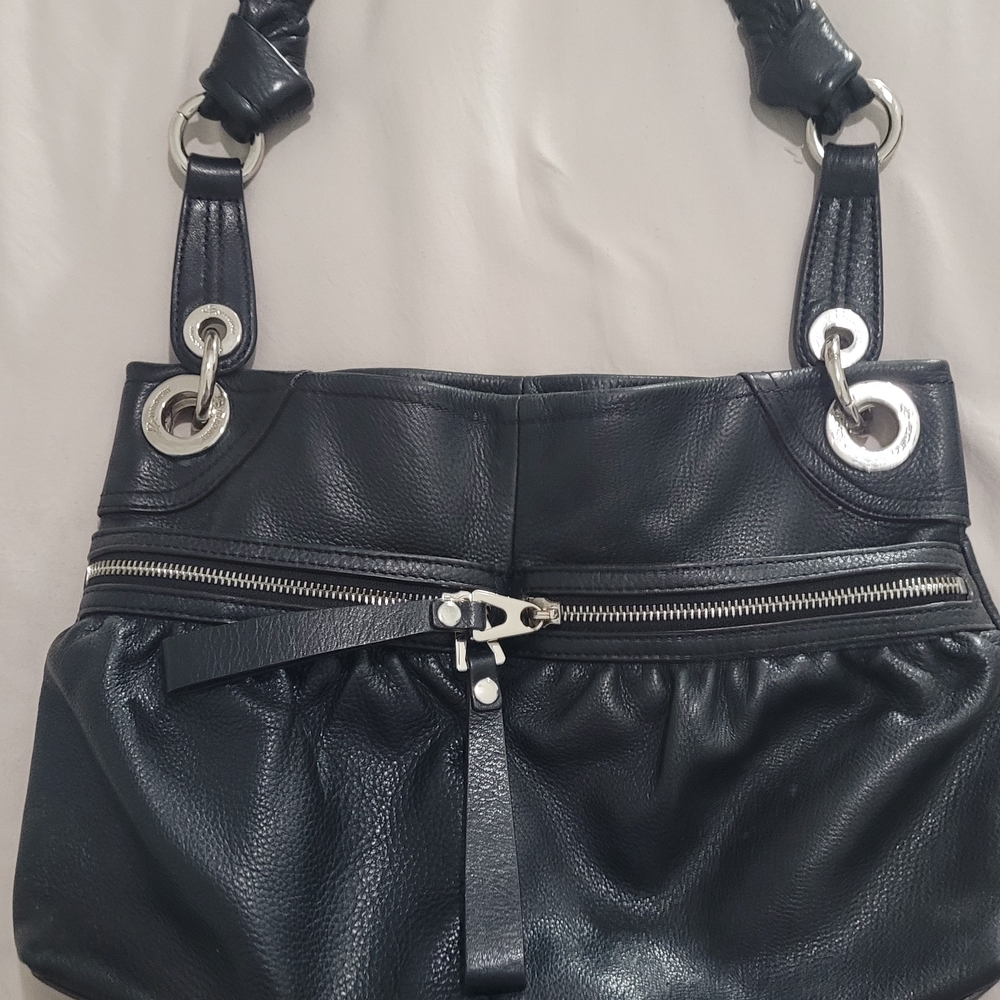 B. Makowsky Black Leather Shoulder Bag with Silver Accents